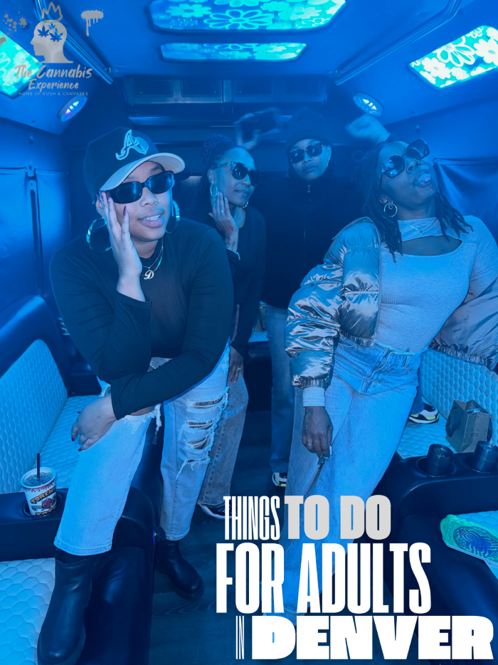 Four joyful Black women are laughing and dancing on a vibrant party bus. They’re surrounded by colorful LED lights, plush seating, and a lively atmosphere. The women are holding drinks and enjoying the music, exuding fun, friendship, and celebration.