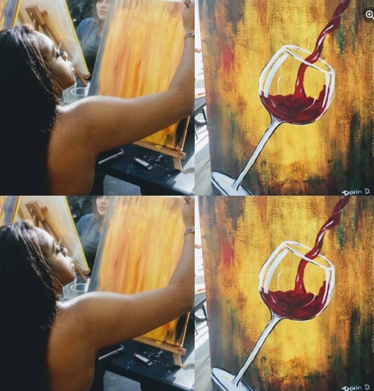 "Women painting a wine glass with red wine in it while smoking weed at a puff and paint class."